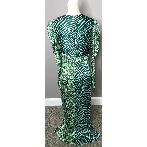 Rococo Sand Animal Print Satin Irene Gown Puff Sleeve Sheath Dress Large - Picture 5 of 11